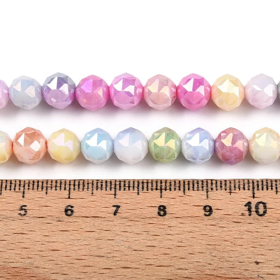 Üveggyöngy - galvanizált, kerek, vegyes színben, AB bevonattal, csiszolt, 7–8 mm (10db)