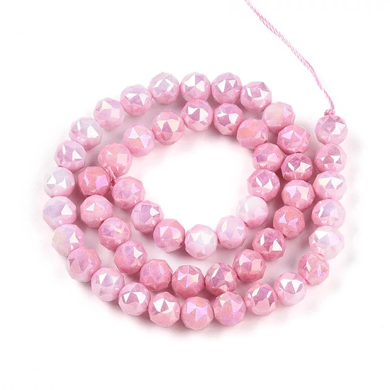 Üveggyöngy - galvanizált, kerek, flamingo színben, AB bevonattal, csiszolt, 7–8 mm (10db)