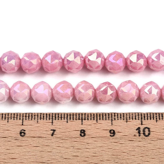 Üveggyöngy - galvanizált, kerek, flamingo színben, AB bevonattal, csiszolt, 7–8 mm (10db)