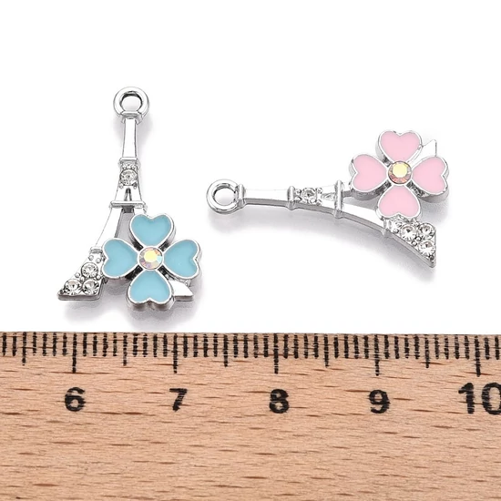 Medál - Eiffel-torony virággal és strasszkővel, világoskék - ezüst 24.5x14.5x3mm 