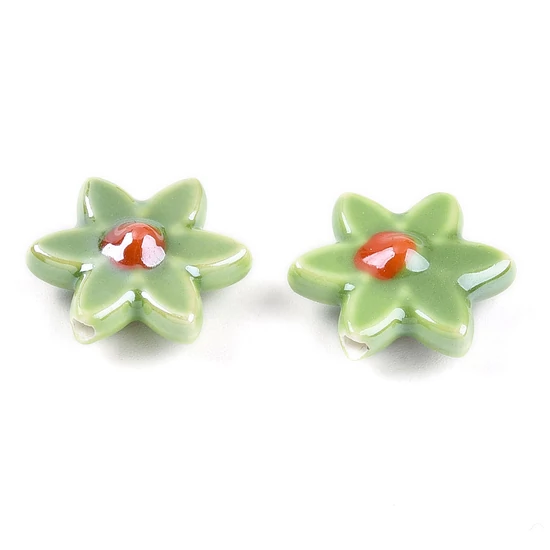 Kézzel készített porcelán gyöngy, virág alakú, gyöngyházfényű, zöld