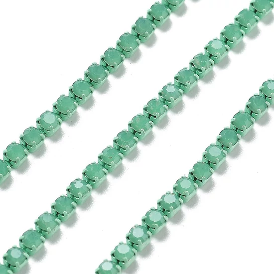 Lánc, strasszos - peridot színben, 2x2~2.5x2mm (50cm)