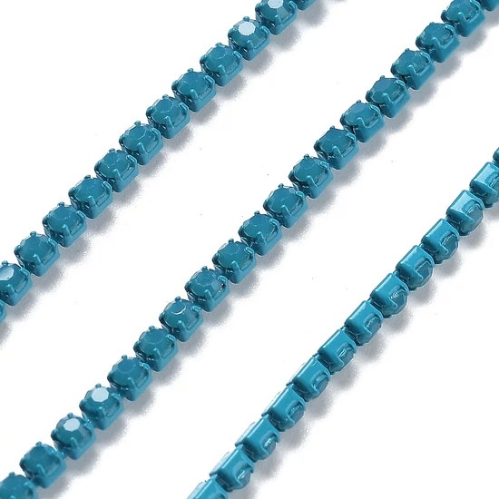 Lánc, strasszos - Indicolite színben, 2x2~2.5x2mm (50cm)