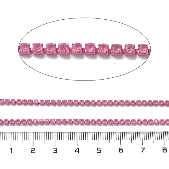 Lánc, strasszos - rózsaszín színben, 2x2~2.5x2mm (50cm)