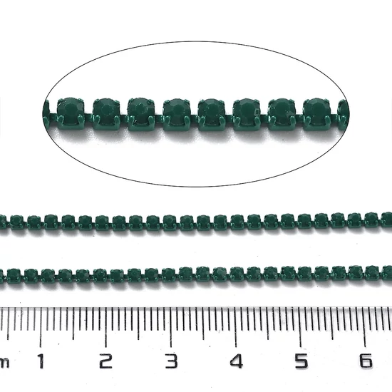 Lánc, strasszos - smaragd színben, 2x2~2.5x2mm (50cm)