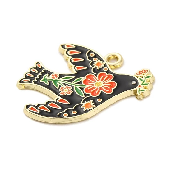 Medál - fecske virággal, fekete, világos arany, 22.5x26x1.5mm, zománc charm