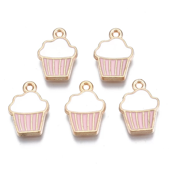 Medál - muffin - gyöngyház rózsaszín és fehér - halványarany színben - 16x11x2mm
