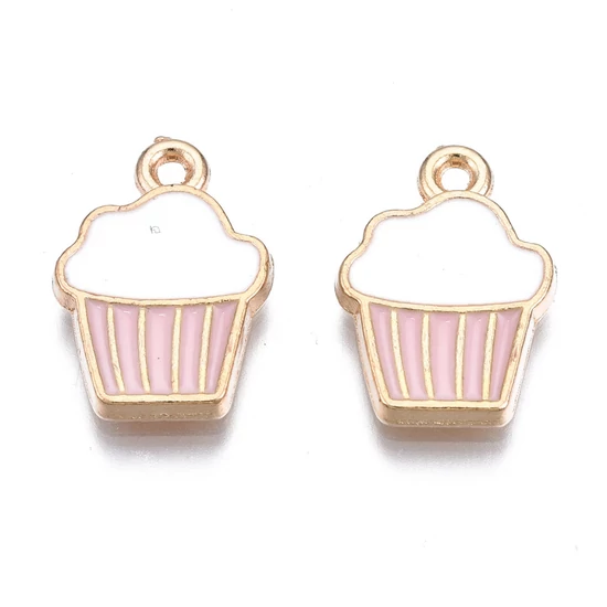 Medál - muffin - gyöngyház rózsaszín és fehér - halványarany színben - 16x11x2mm