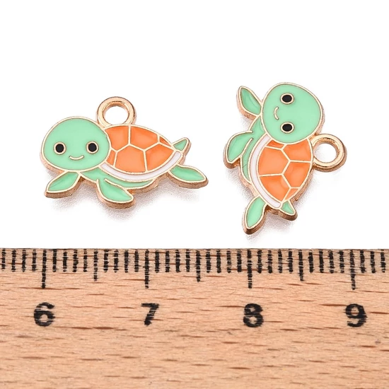 Medál - teknősbéka charm, arany, akvamarin, 12x17x1mm, zománc - ólommentes és kadmiummentes!