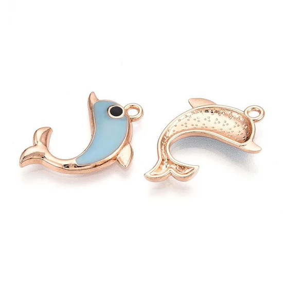 Medál - delfin, zománc, világoskék - arany, 23x15x2.5mm, ólommentes és kadmiummentes charm