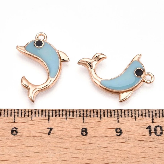Medál - delfin, zománc, világoskék - arany, 23x15x2.5mm, ólommentes és kadmiummentes charm