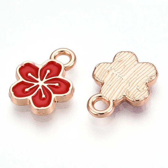 Medál - virág charm, piros és arany, 11.3x9x1.5mm, zománc - ólommentes és kadmiummentes!