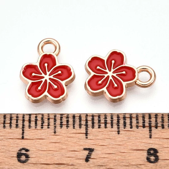 Medál - virág charm, piros és arany, 11.3x9x1.5mm, zománc - ólommentes és kadmiummentes!