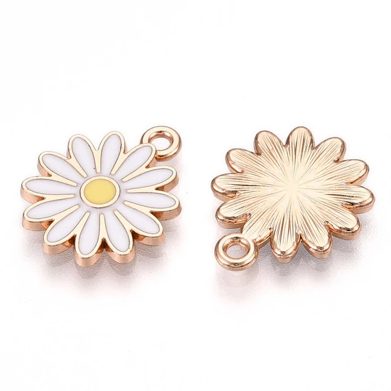 Medál - virág, fehér- arany charm, 18x15x2mm, zománc - ólommentes és kadmiummentes!