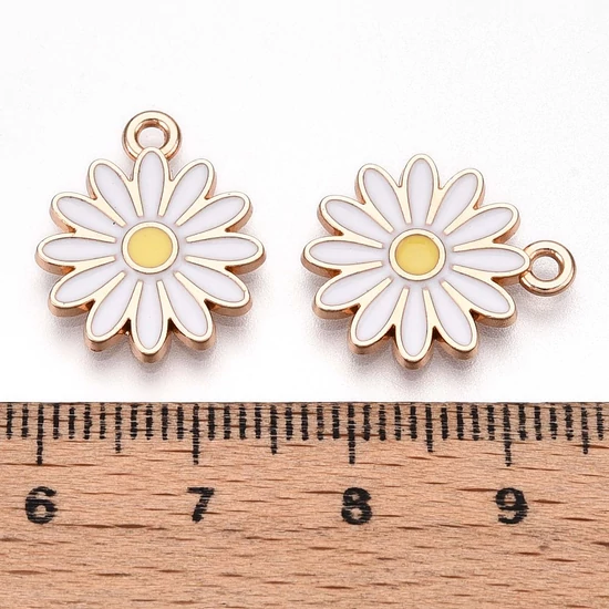 Medál - virág, fehér- arany charm, 18x15x2mm, zománc - ólommentes és kadmiummentes!