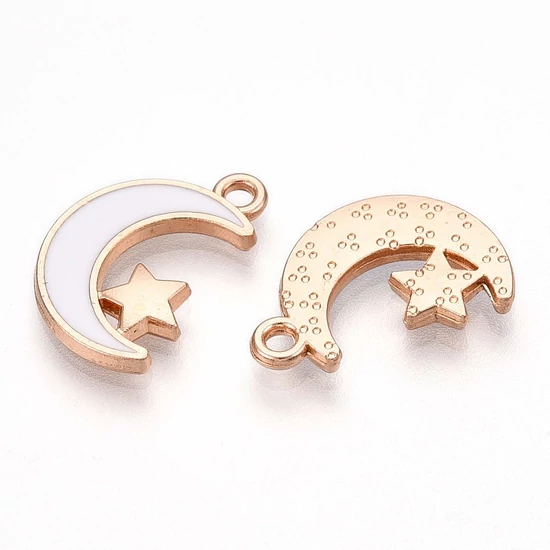 Medál - Hold csillaggal charm, fehér- arany, 18x15x2mm, zománc - ólommentes és kadmiummentes!