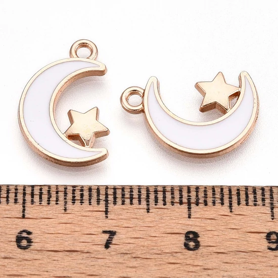 Medál - Hold csillaggal charm, fehér- arany, 18x15x2mm, zománc - ólommentes és kadmiummentes!