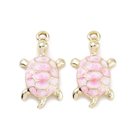 Medál - teknősbéka charm, arany, világos rózsszín, 24,5 x 13,5 x 5 mm zománc