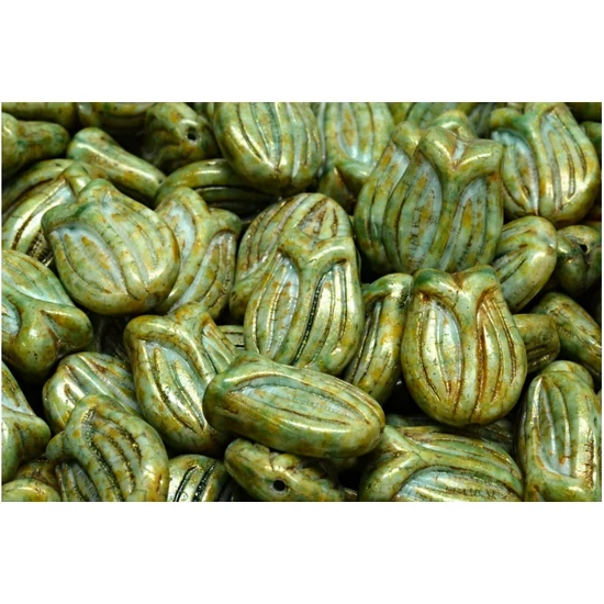 Cseh üveg gyöngy -  Tulipán - 16x11mm -  Vintage Oilve - 65326